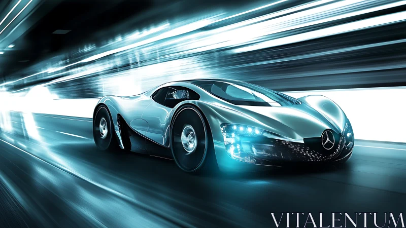 Futuristic silver hypercar in neon-lit high speed tunnel.