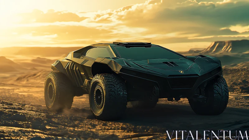 Desert dusk crowns a stealth offroad supercar in molten gold