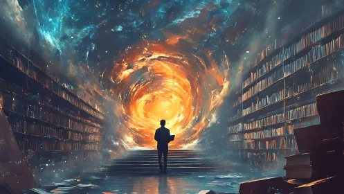 Lone reader facing cosmic portal in endless library hall.