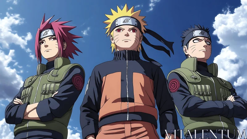 Three determined ninja stand under bright drifting clouds.