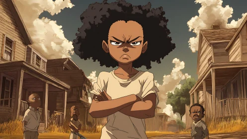 Defiant child stands in rundown rural neighborhood street.