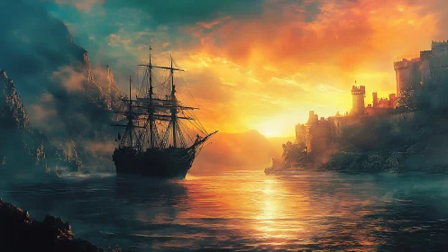 Sailing vessel near coastal fortress at vivid sunset scene.