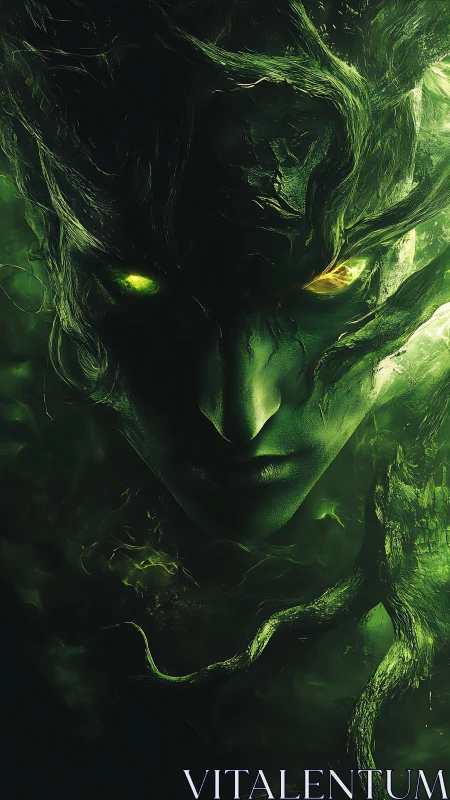 Digital painting of verdant forest entity with glowing gaze.