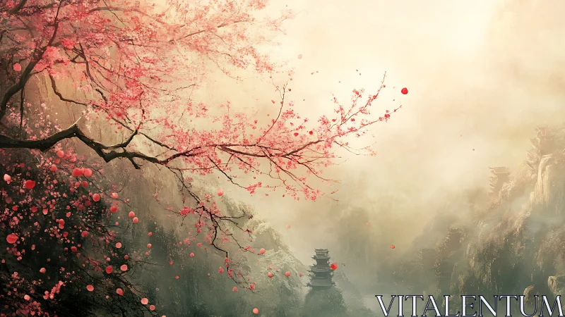 Blossoming cherry tree arches over misty mountain pagodas.