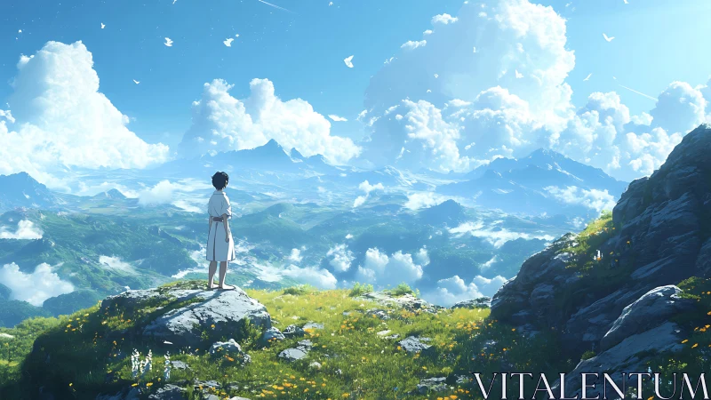 Barefoot dreamer atop cloud-bright valley of distant peaks.