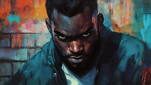 Intense urban portrait with angular brushwork and chromatic tension.