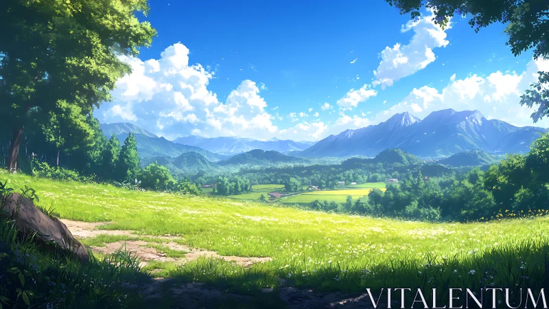 Sunlit hilltop meadow opening to peaceful mountain valley.