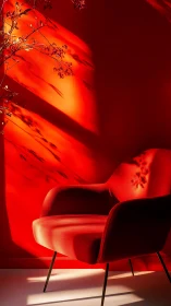 Chromatic red lounge chair in high-contrast shadow field.