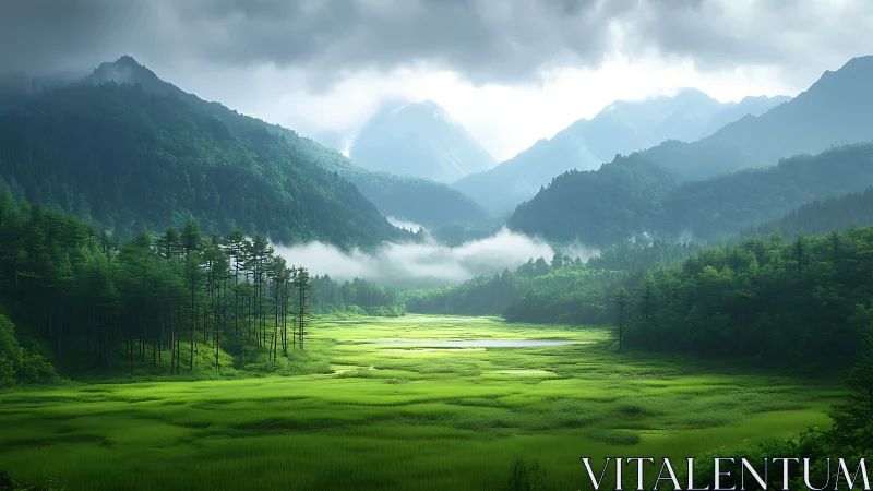 Luminous mountain wetland under misted alpine canopy.