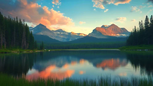 Golden evening mountains glow gently above a calm lake