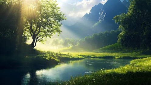 Sunlit river meadow below forested mountains at sunrise.