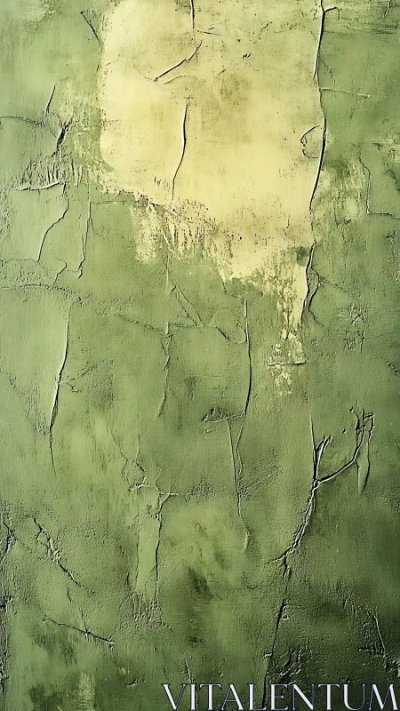 Textured green stucco wall reveals worn ochre plaster core