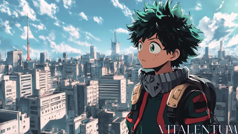 Hopeful green-haired student gazes over a bright city skyline