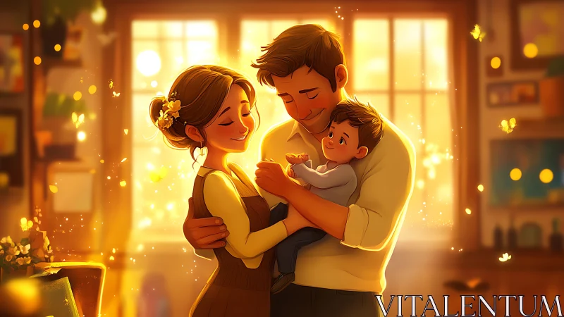 Warm family moment with glowing interior light.