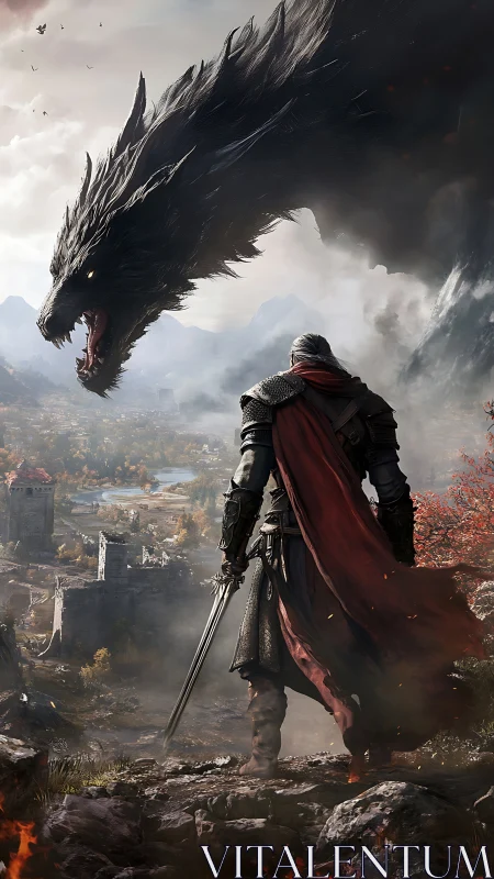 Armored swordsman confronting black dragon over ruined valley