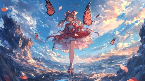 Skybound anime girl with butterfly wings over mountains.