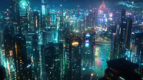 Rain soaked cyberpunk megacity skyline with neon waterways