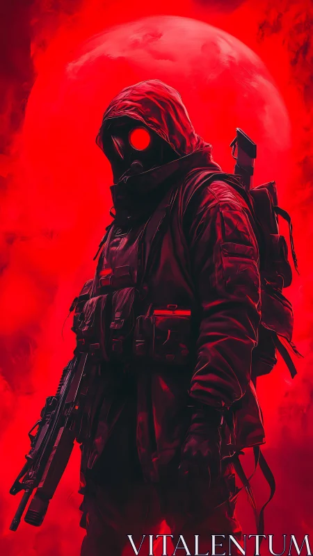 Tactical gas‑mask operative under red backlit lunar haze