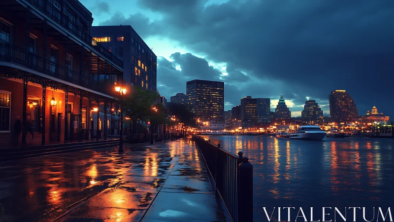 Waterfront city street at dusk with reflective wet pavement.