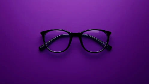 Black eyeglasses on vibrant purple background, minimalistic style.