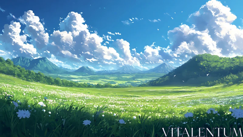 Sunlit wildflower meadow stretches toward distant blue mountains