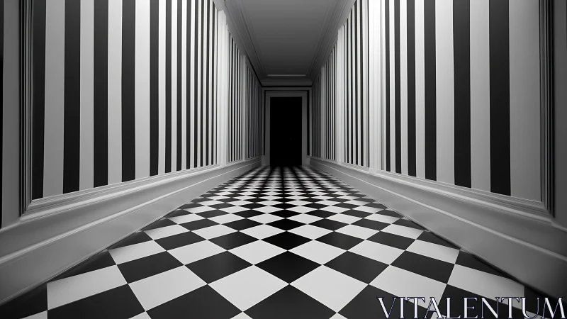 Monochrome corridor of stripes and chessboard illusions.