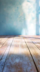 Sunlit rustic wooden floor with soft blue textured wall backdrop.