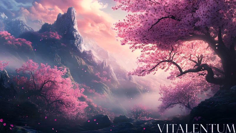 Dreamy cherry blossom valley under sunrise mist.