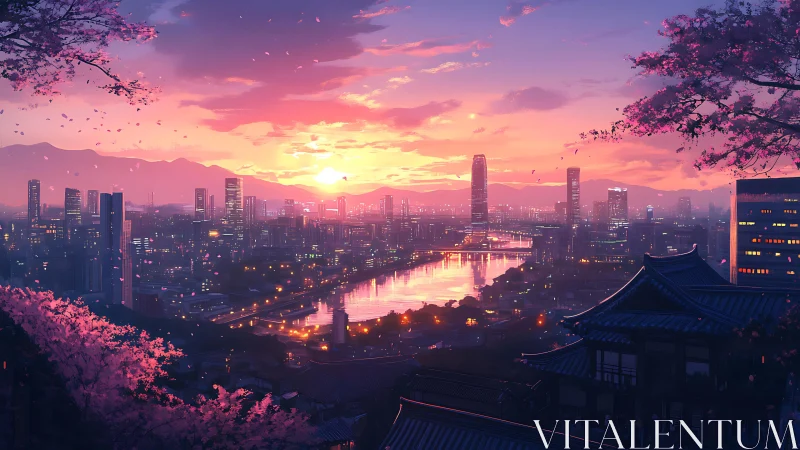 Neon city sunset framed by cherry blossoms and river glow.