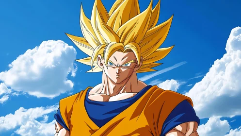 Spiky haired anime warrior stands under bright blue sky.