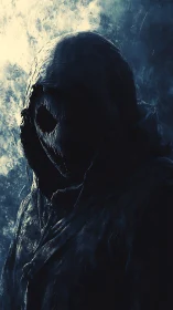 Storm-lit hooded wanderer in shadow and swirling mist.