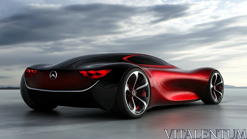 Sculpted red concept car gliding across a silent salt flat.