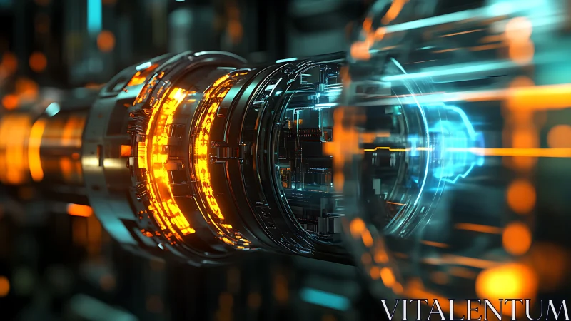 Futuristic energy core glows within a high-tech reactor tunnel.