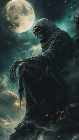 Moonlit reaper resting above the clouds in eerie calm.