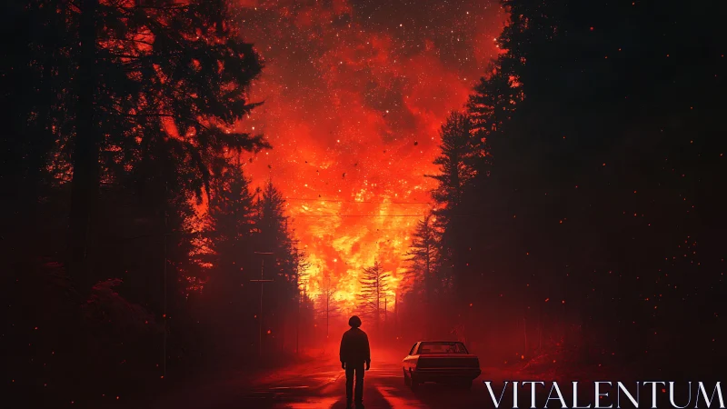 Figure stands before forest fire with vehicle silhouette.
