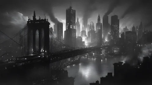 Monochrome industrial megacity skyline with bridge arteries.