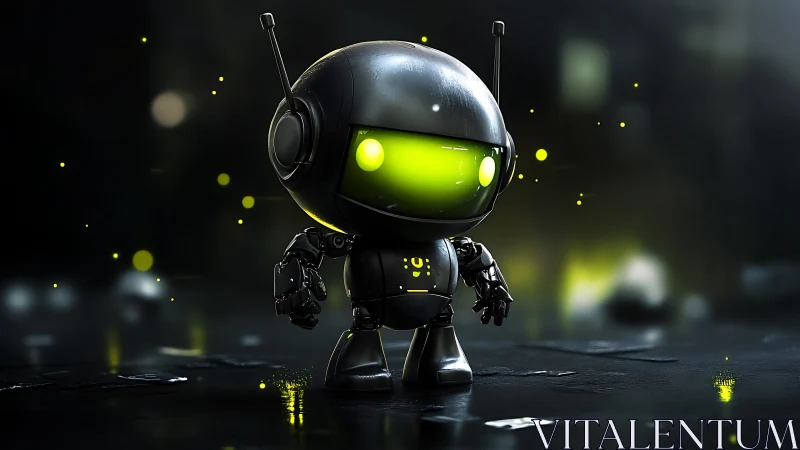 Small black robot stands on reflective surface in dim light