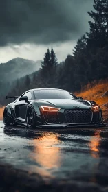 Midnight supercar prowls wet mountain pass in neon reflections