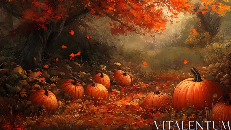 Autumnal pumpkin field under diffuse warm woodland light.