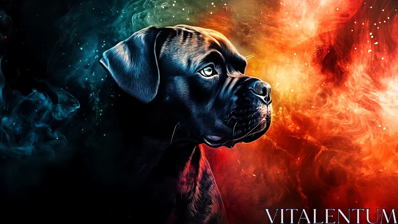 Cosmic-lit boxer dog portrait renders nebular color contrast