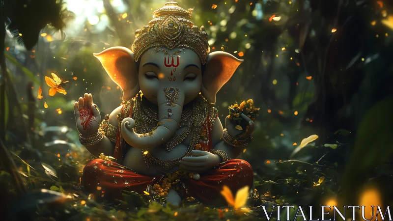 Divine child Ganesha meditates in luminous forest grove
