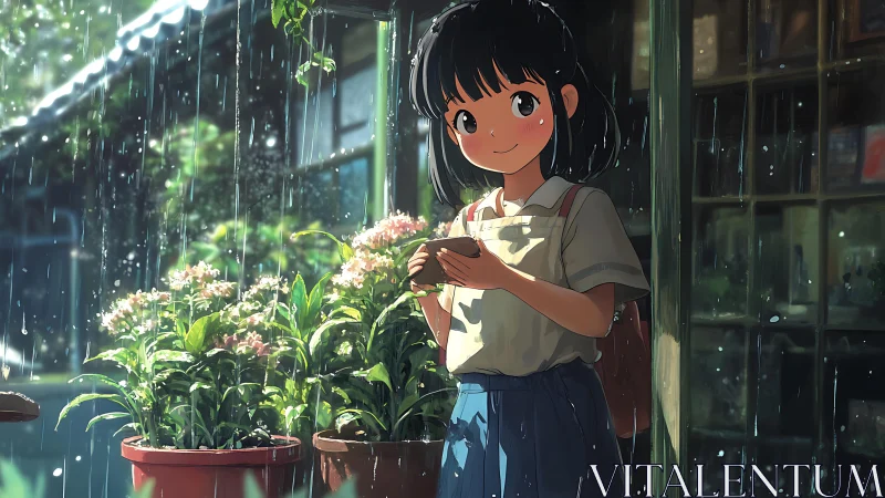Rain-lit schoolgirl outside shop with potted hydrangeas.