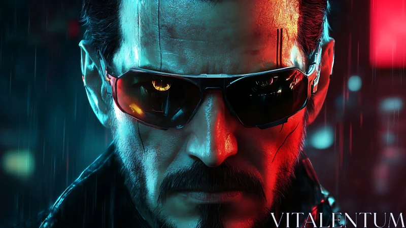 Cybernetic man in sunglasses under neon rain at night.