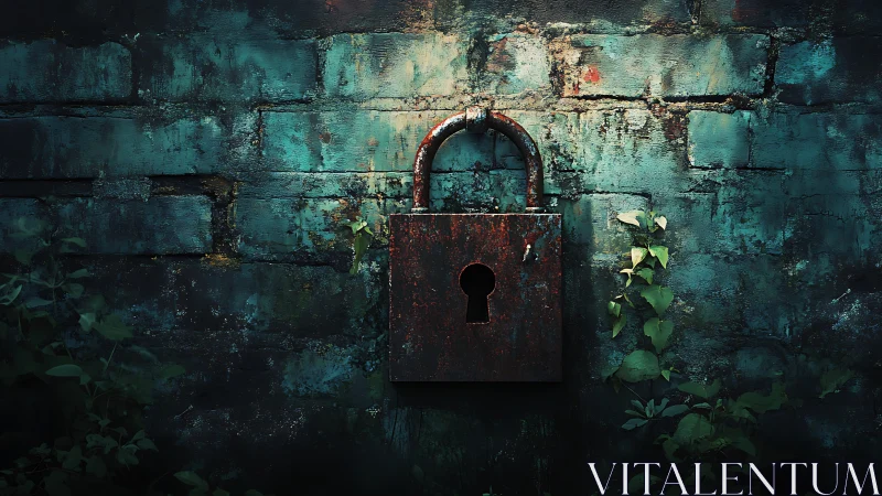 Rust kissed padlock guarding a timeworn teal brick wall.