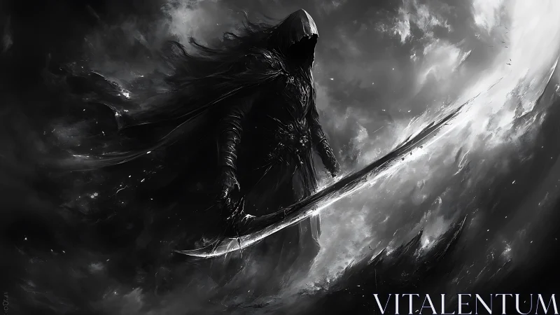 Shadow-clad reaper cleaves starlit storm with spectral blade