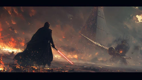 Sith warrior dominates volcanic battlefield in digital inferno.