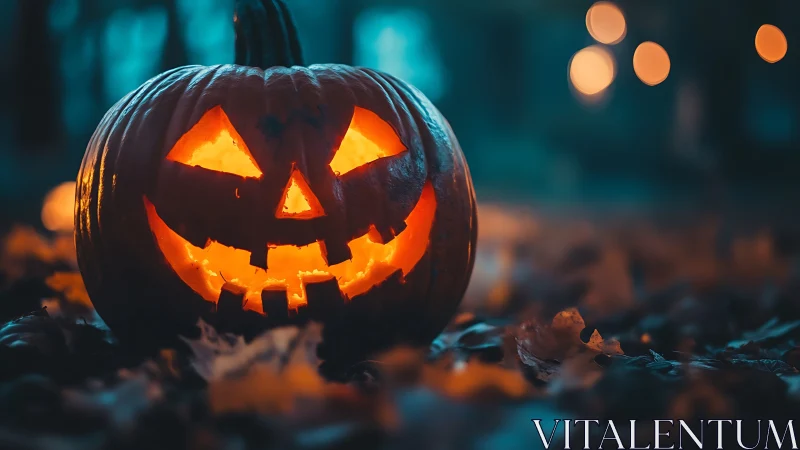 Moody forest jack o’lantern glowing in dusky blue light.