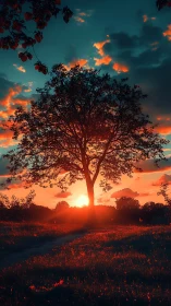 Sunset carves a glowing halo through the solitary field tree