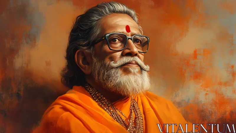 Elderly spiritual man in orange robes rendered in digital paint