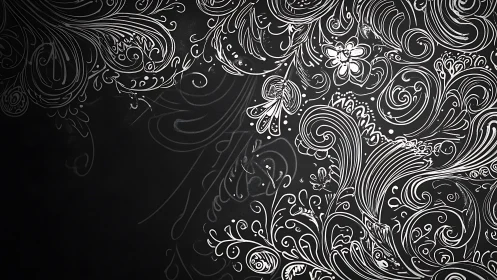 Ornate white floral scrollwork on matte black chalkboard ground.